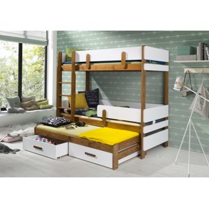 MebloBed Patrová postel Ettore III - trojlůžko 90x200 cm (Š 103 cm, D 210 cm, V 171 cm), Dub, Bílé PVC, bez matrací, se zábrankou, žebřík na pravé straně