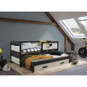 MebloBed Rozkládací postel Tigran s úložným prostorem 90x200 cm (Š 97 cm, D 208 cm, V 89 cm), Grafitový akryl, Bílé PVC, 1 ks matrace do přistýlky, zábranka vlevo