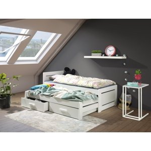 MebloBed Rozkládací postel Tiesto s úložným prostorem 90x200 cm (Š 97 cm, D 208 cm, V 76 cm), Přírodní borovice, Bílé PVC, bez matrací