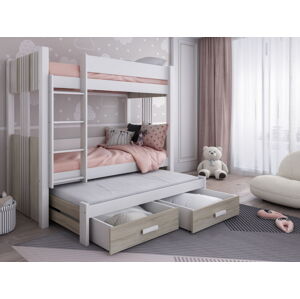 MebloBed Patrová postel Arten - trojlůžko 80x200 cm (Š 93 cm, D 204 cm, V 175 cm), Bílý akryl, Šedé PVC, bez matrací, bez zábranky, žebřík na levé straně