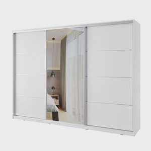 Šatní skříň NEJBY BARNABA 280 cm s posuvnými dveřmi, zrcadlem,4 šuplíky a 2 šatními tyčemi,bílý lesk