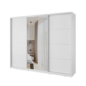 Šatní skříň NEJBY BARNABA 250 cm s posuvnými dveřmi, zrcadlem,4 šuplíky a 2 šatními tyčemi,bílý lesk